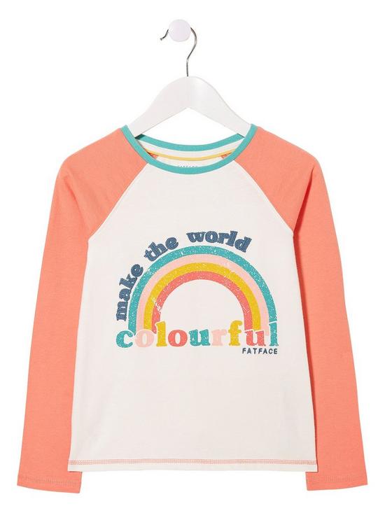 front image of fatface-girls-long-sleeve-be-colourful-graphic-t-shirt-ecru