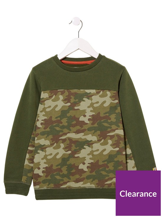 front image of fatface-boys-camo-cut-and-sew-crew-sweat-top-khaki
