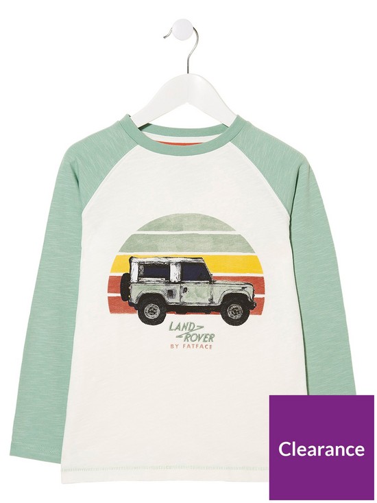 front image of fatface-boys-long-sleeve-land-rover-graphic-t-shirt-ecru