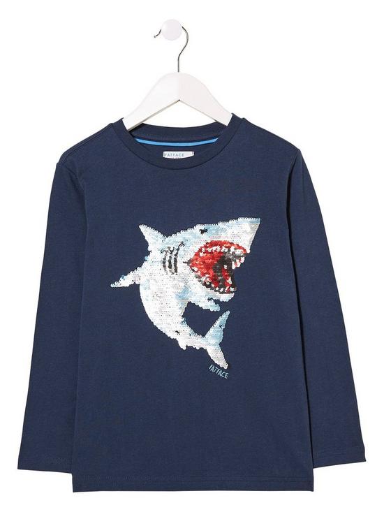 front image of fatface-boys-long-sleeve-sequin-shark-graphic-t-shirt-navy
