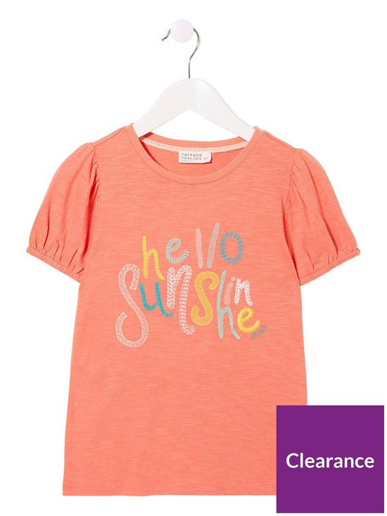front image of fatface-girls-puff-short-sleeve-graphic-t-shirt-coral
