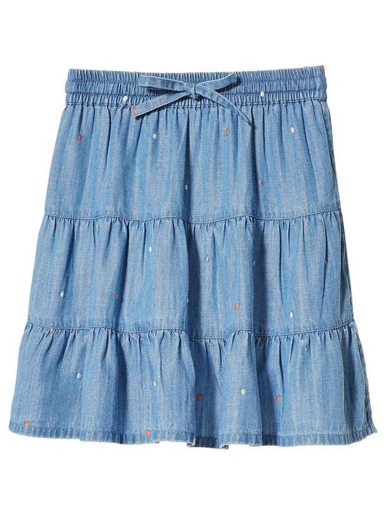 front image of fatface-girls-tiered-embroidered-skirt-chambray