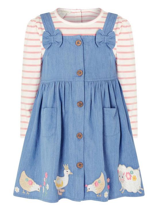 front image of monsoon-baby-girls-duck-denim-pinny-and-top-blue