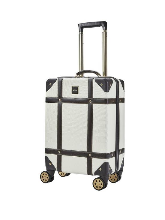 front image of rock-luggage-vintage-carry-on-8-wheel-suitcase-cream