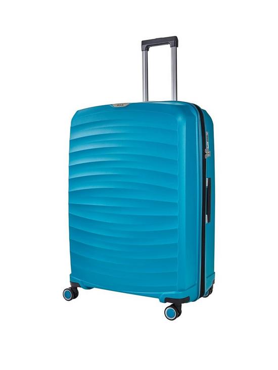front image of rock-luggage-sunwave-large-8-wheel-suitcase-blue