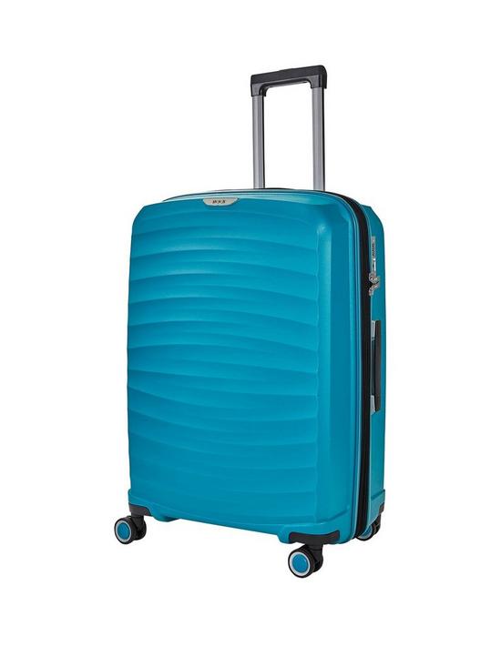 front image of rock-luggage-sunwave-medium-8-wheel-suitcase-blue