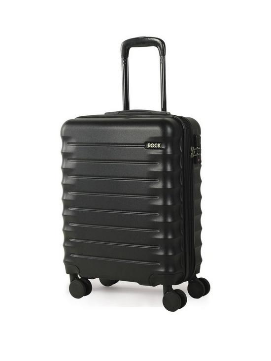 front image of rock-luggage-synergy-carry-on-8-wheel-suitcase-black