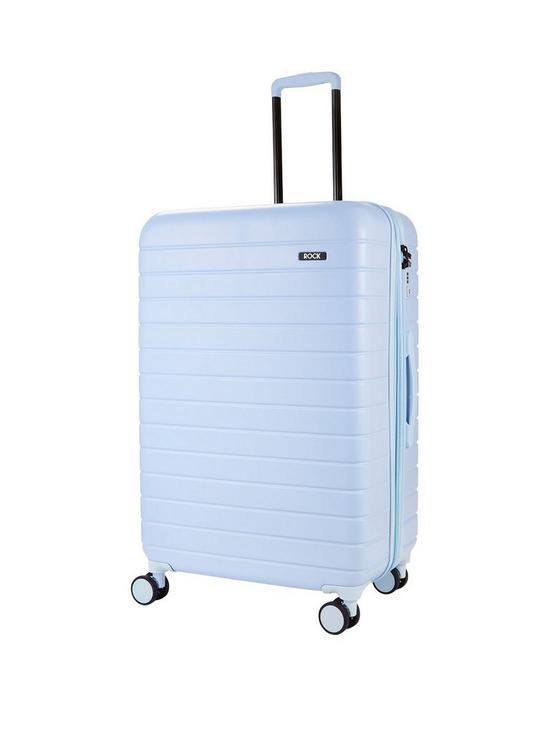 front image of rock-luggage-novo-large-8-wheel-suitcase-pastel-blue