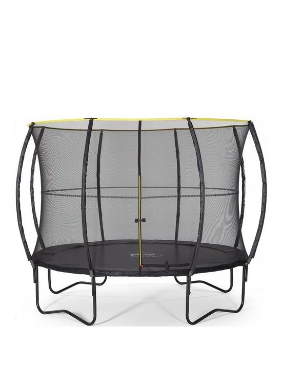 front image of plum-10ft-web-trampoline-and-enclosure