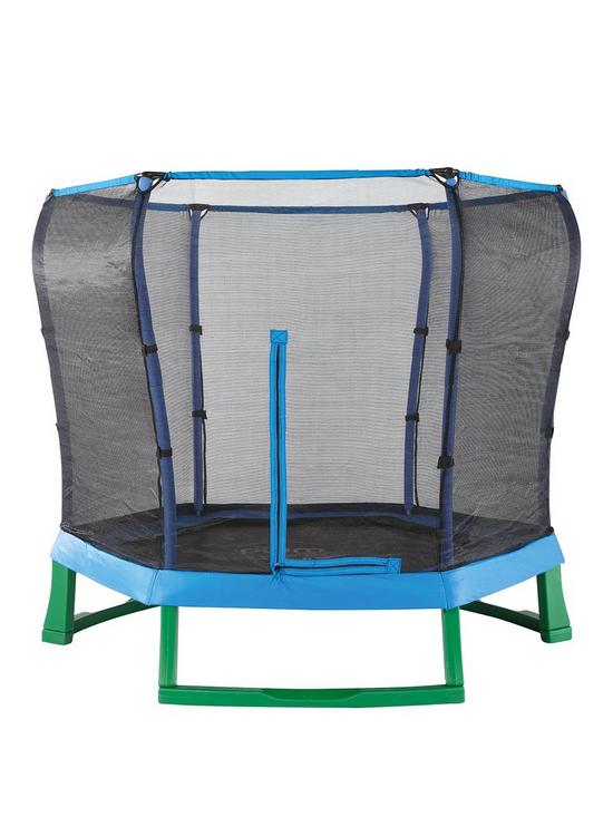 front image of plum-7ft-blue-trampoline-and-enclosure