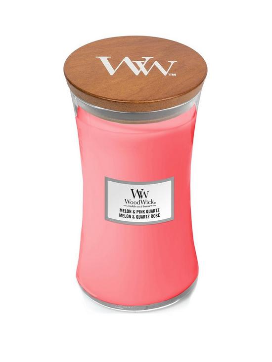 front image of woodwick-large-hourglass-scented-candle-melon-amp-pink-quartz-with-crackling-wick