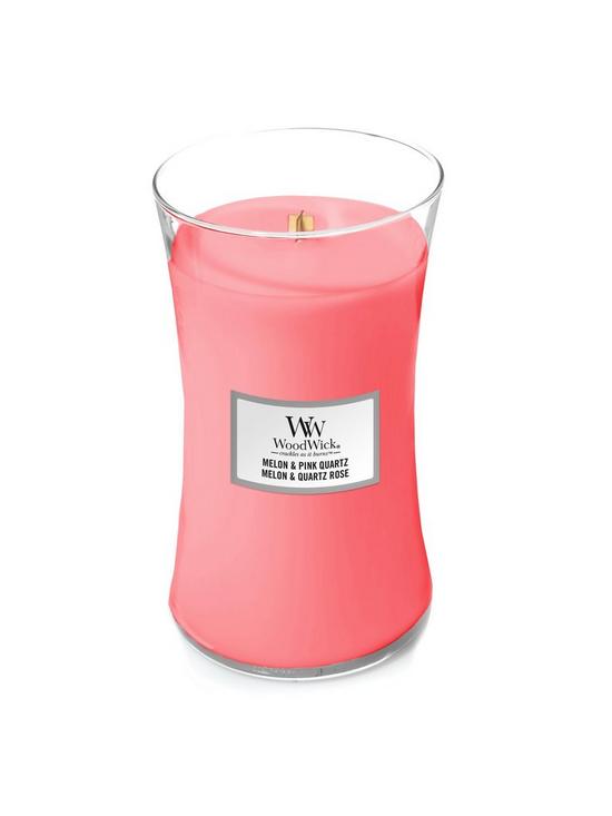 stillFront image of woodwick-large-hourglass-scented-candle-melon-amp-pink-quartz-with-crackling-wick