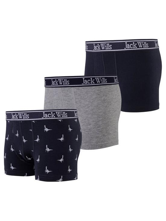 front image of jack-wills-boys-3-pack-print-boxers-navy