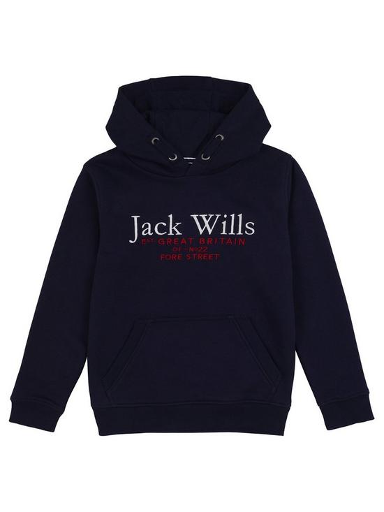 front image of jack-wills-boys-script-hoodie-navy