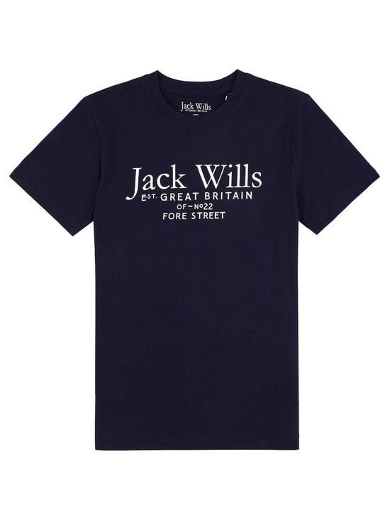 front image of jack-wills-boys-script-t-shirt-navy
