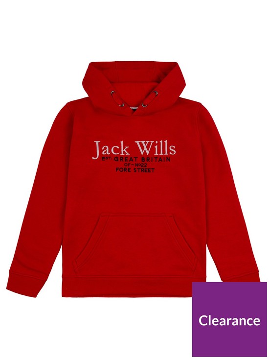 front image of jack-wills-boys-script-hoodie-red