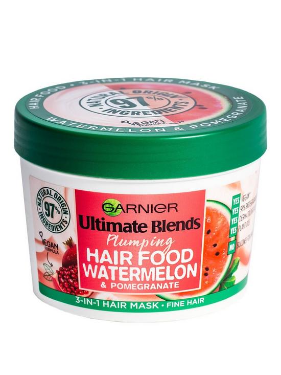 front image of garnier-ultimate-blends-plumping-hair-food-watermelon-3-in-1-fine-hair-mask-treatment-390ml