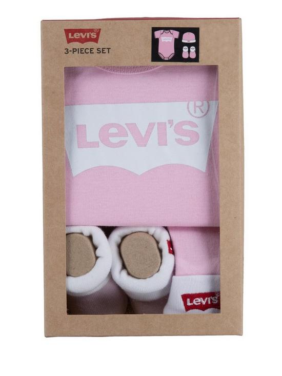 stillFront image of levis-baby-girls-batwing-hat-bodysuit-and-bootie-set-pink
