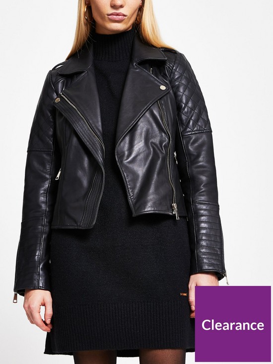 front image of river-island-quilted-placket-leather-biker-jacket