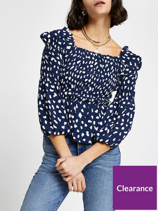 front image of river-island-shirred-printed-top-navy