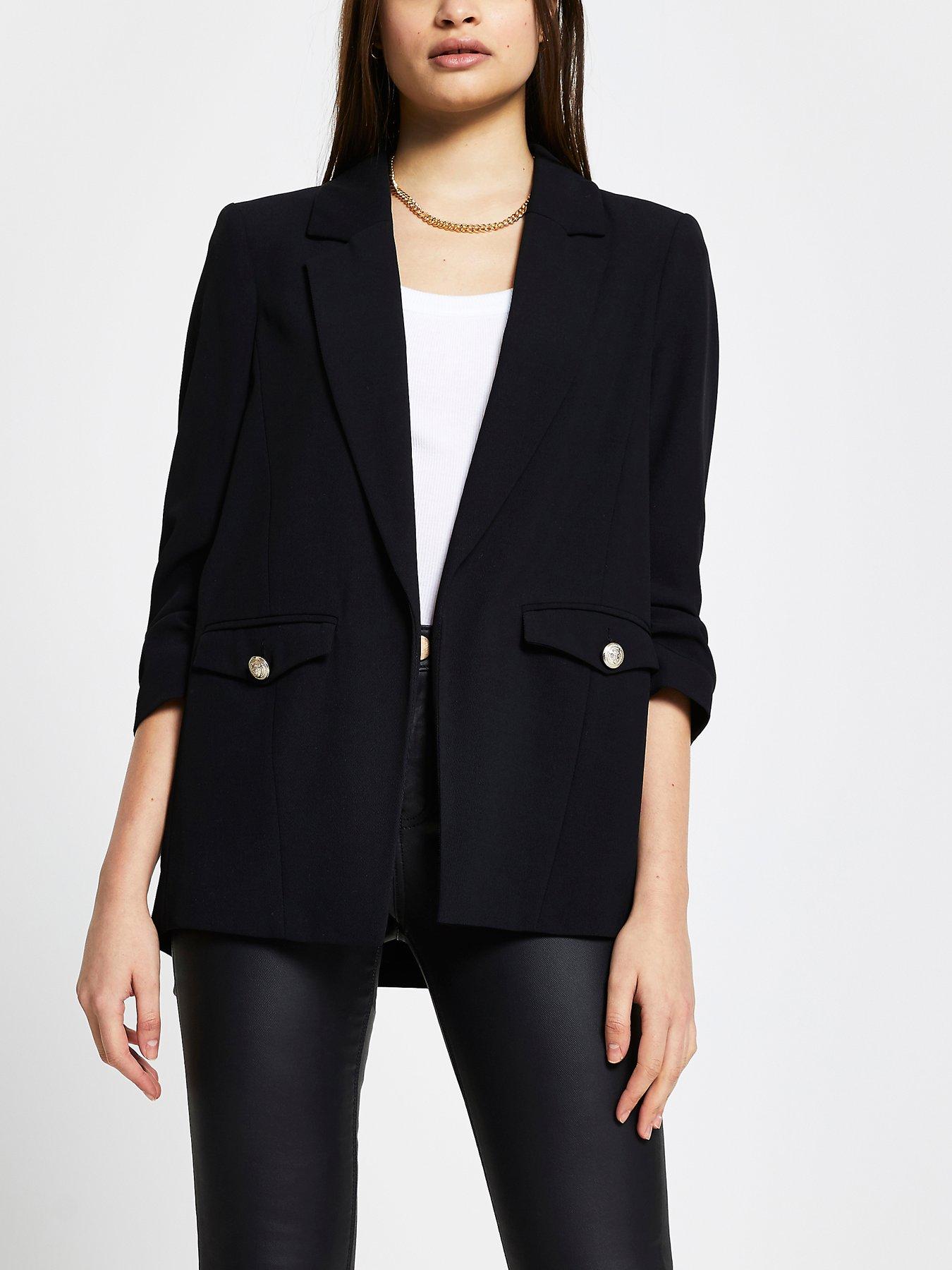 front image of river-island-ruched-sleeve-blazer-black