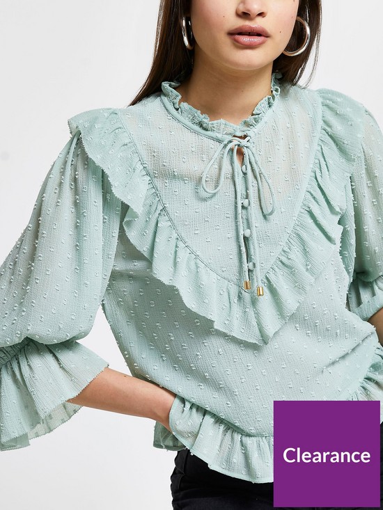 front image of river-island-frill-high-neck-blouse-sage