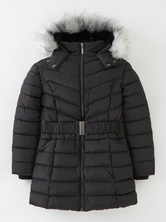 front image of v-by-very-girls-faux-fur-hooded-fauxnbspfur-linednbspcoat--nbspblack