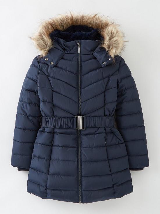 front image of everyday-girls-faux-fur-hooded-beltednbsphalf-faux-fur-lined-coat-navy