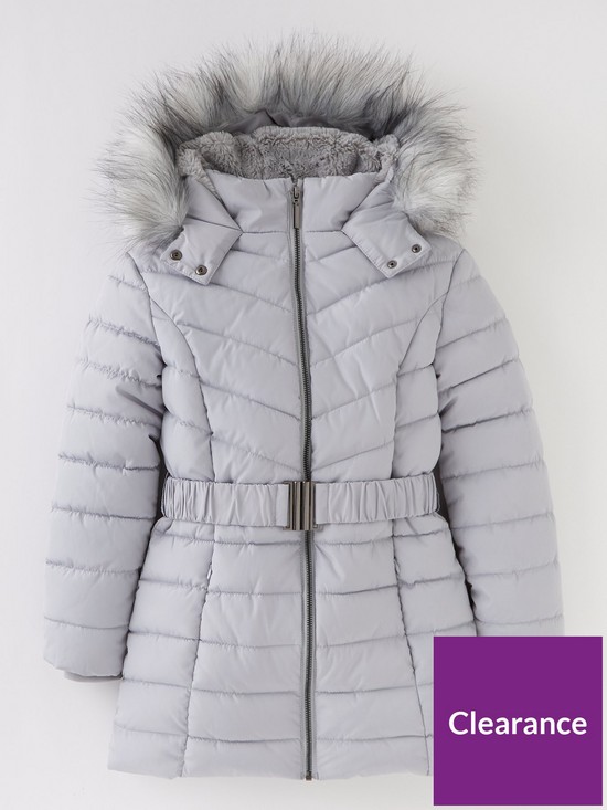 front image of v-by-very-girls-faux-fur-hooded-fauxnbspfur-linednbspschoolnbspcoat--nbspgrey