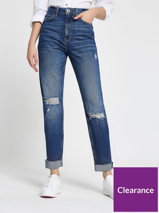 front image of river-island-carrie-ripped-mom-jean-mid-blue