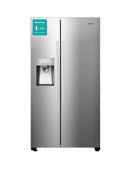 front image of hisense-rs694n4icf-91cm-wide-total-no-frost-american-style-fridge-freezer-stainless-steel-look