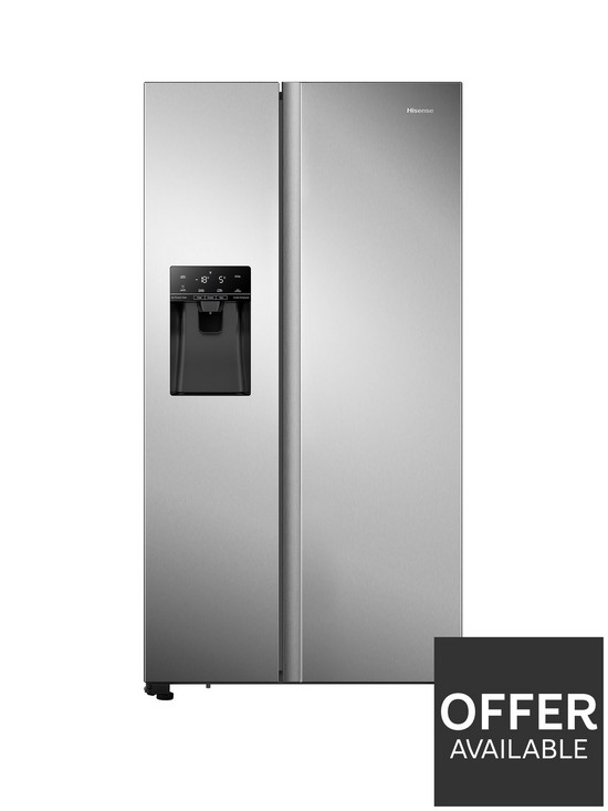 front image of hisense-rs694n4tcf-91cm-wide-total-no-frost-american-style-fridge-freezer-stainless-steel-look
