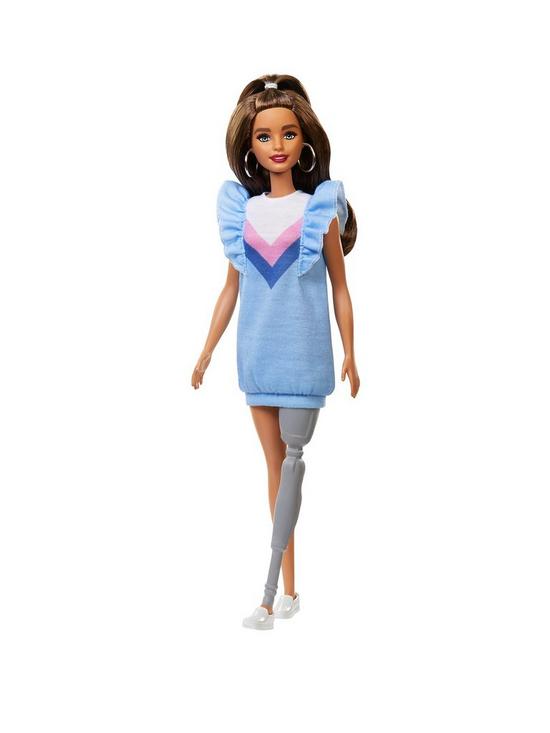 front image of barbie-fashionistas-doll-ruffle-dress-prosthetic-leg