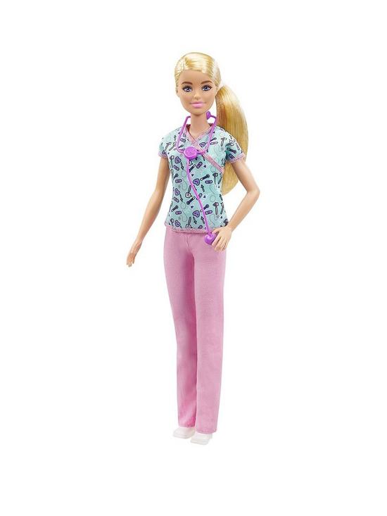 front image of barbie-careers-nurse-doll-with-scrubs-clothes-and-accessories