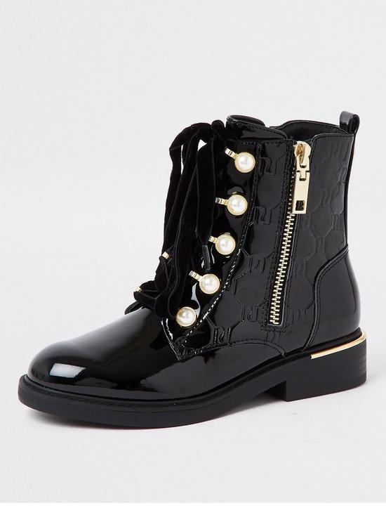 front image of river-island-girls-eyelet-lace-up-patent-boot--nbspblack