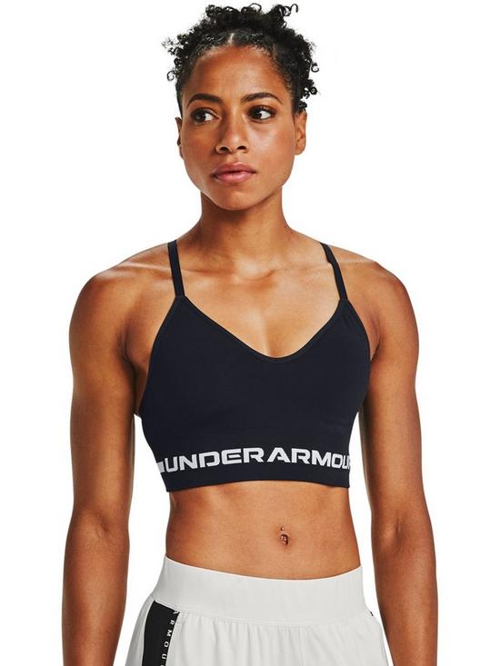 front image of under-armour-seamless-low-long-bra-blackgrey