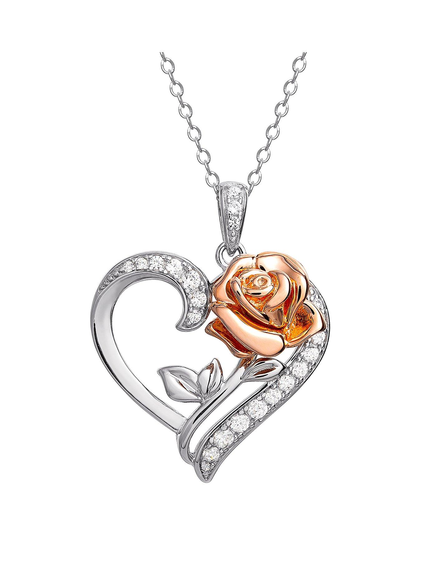undefined Beauty and The Beast Sterling Silver Crystal Heart and Rose Gold Rose Necklace