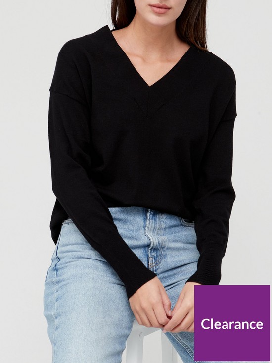 front image of v-by-very-knitted-longline-v-neck-jumper-black