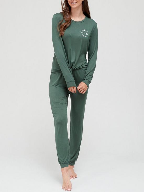 front image of v-by-very-slogannbspknot-front-pyjamas-green