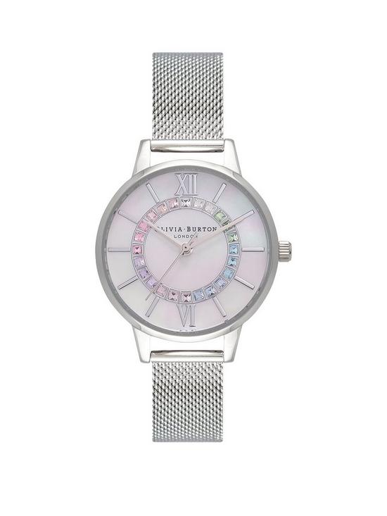 stillFront image of olivia-burton-wonderland-rainbow-wonderland-midi-mop-dial-white-silver-watch