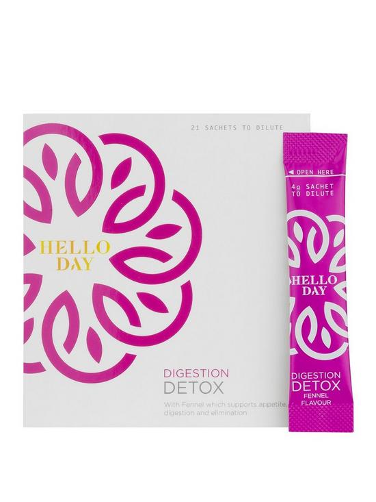 front image of hello-day-digestion-detox-vegan-total-weight-84-grams-21-sachets