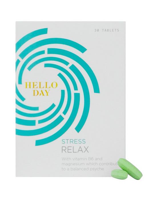 front image of hello-day-stress-relax-vegan-30-tablets