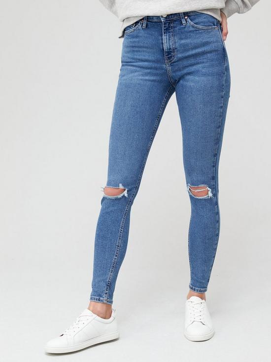 front image of v-by-very-petite-premium-high-waist-knee-rip-skinny-jean-mid-wash