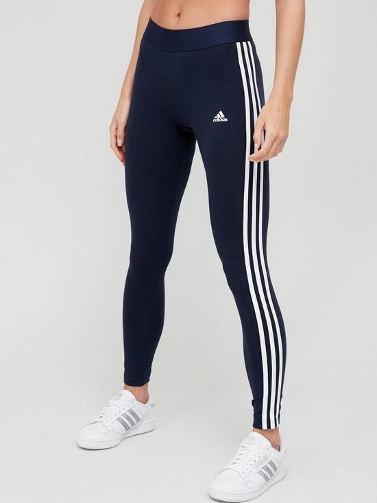 front image of adidas-essentials-3-stripes-leggings-navywhite