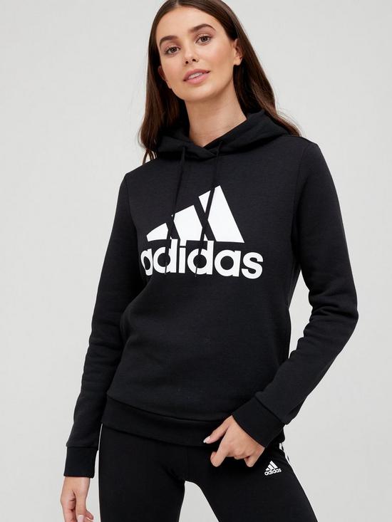 front image of adidas-essentials-big-logo-fleece-hoodie-blackwhite