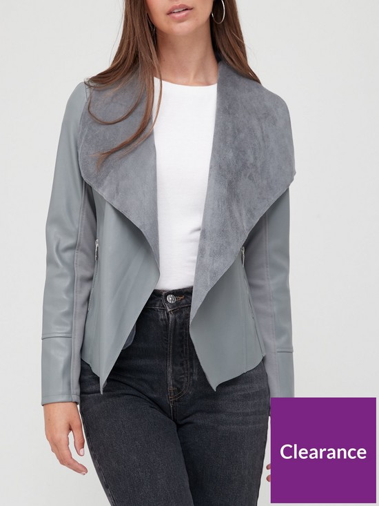 front image of v-by-very-faux-leather-waterfall-jacket-grey
