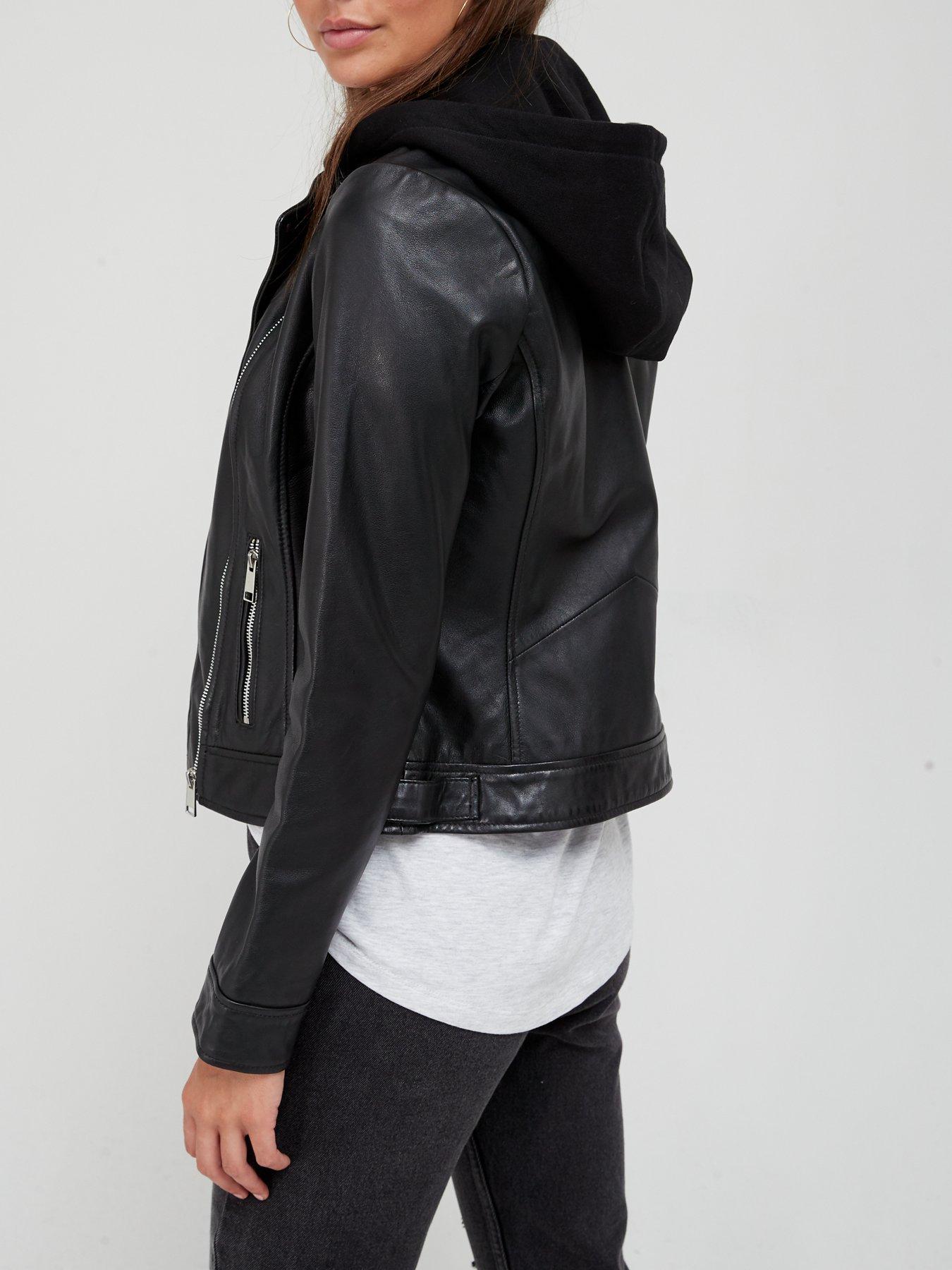 leather jacket with jersey hood