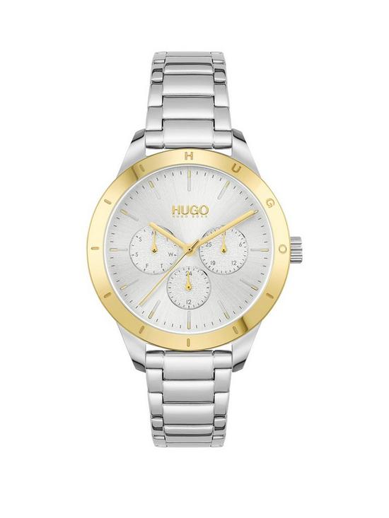 front image of hugo-friend-silver-white-dial-and-stainless-steel-bracelet-ladies-watch