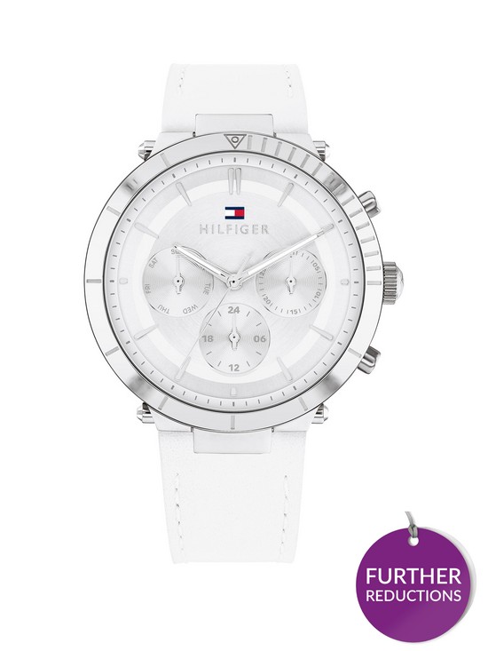 front image of tommy-hilfiger-stainless-steel-case-and-white-leather-strap-watch