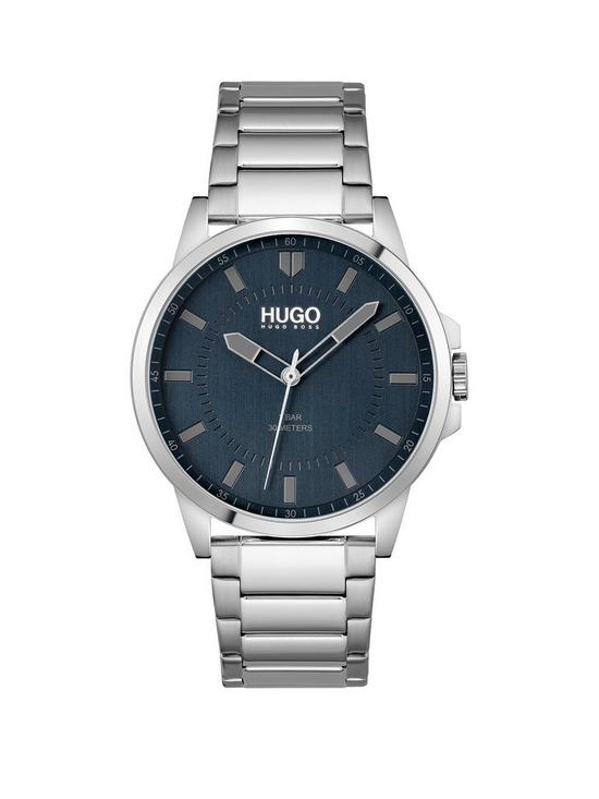 front image of hugo-first-blue-dial-and-stainless-steel-bracelet-gents-watch